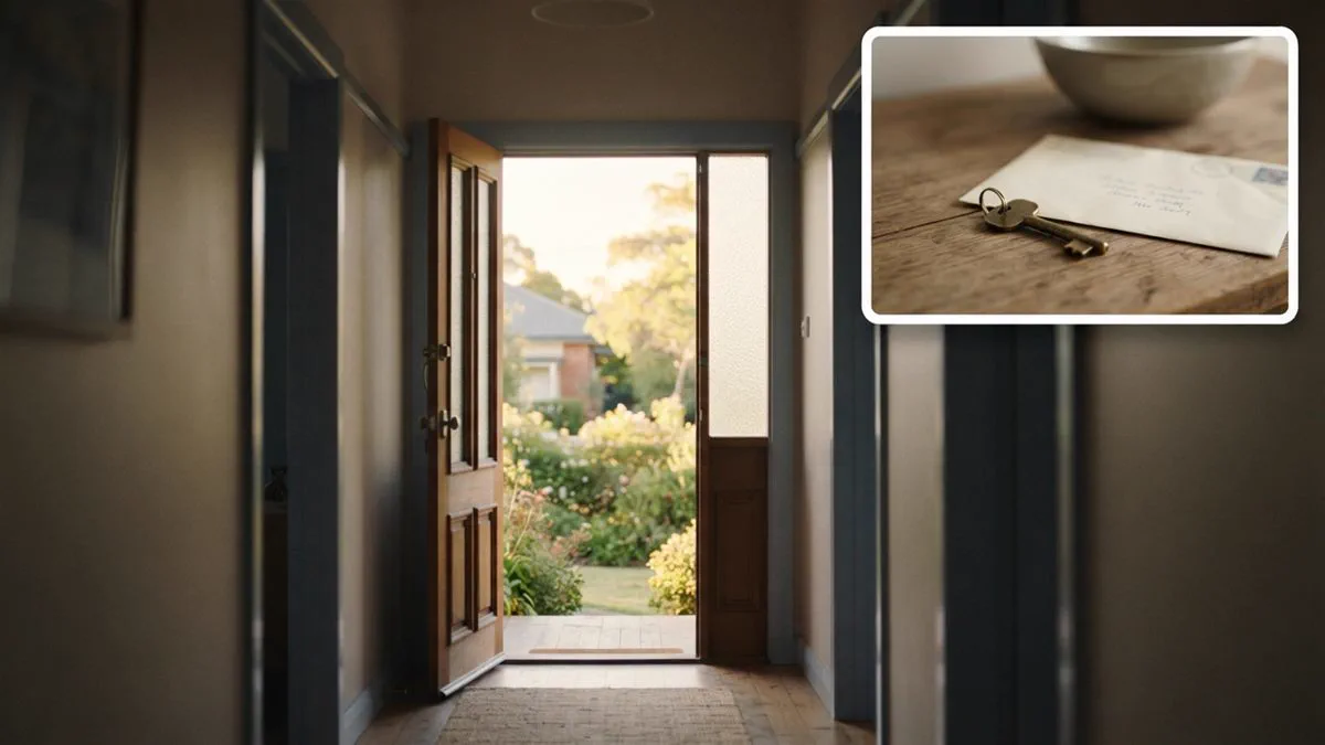 A front door standing open onto a bright garden, seen from inside a hallway.